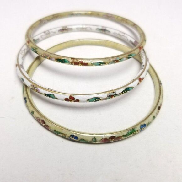 Vintage White and Tan Floral Design Enamel Bangle Bundle, Lot of 3, Stacking - Picture 1 of 5